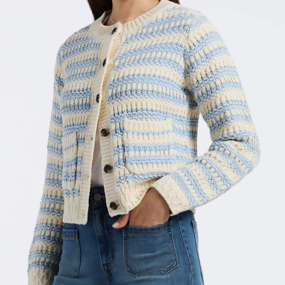 Buffalo David Bitton Amaranth Textured Knit Cardigan – Cream & Sky Blue (Size M)